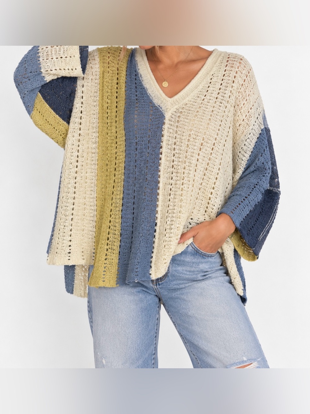 POL Blue, Cream and Yellow Open-Knit V-Neck Sweater - Size S